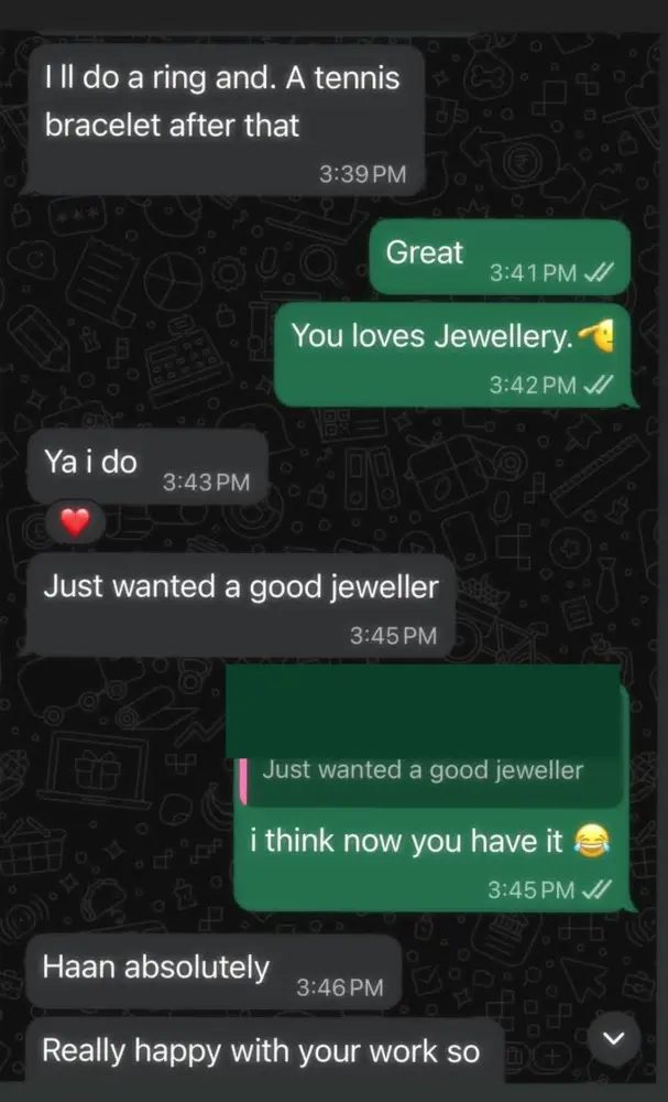Client message saying they are happy to have found a good jeweller