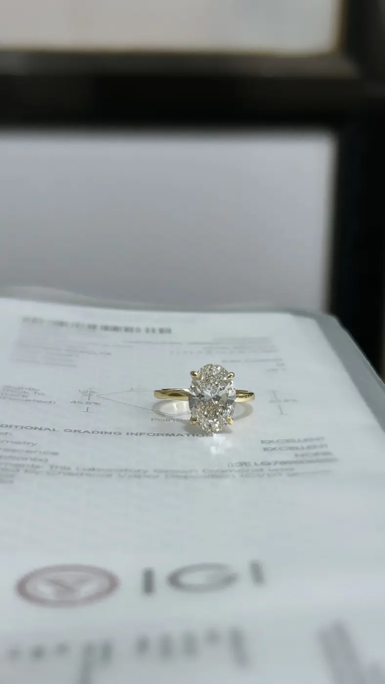 An oval diamond ring placed on its IGI grading report